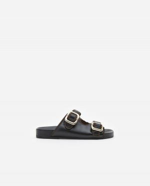 Black Flattered Bono Leather Shoes Sandals | EAUVG77539