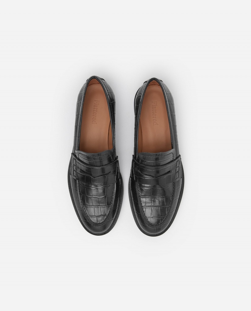 Black Flattered Sara Croco Leather Shoes Loafers | AUJKU40874