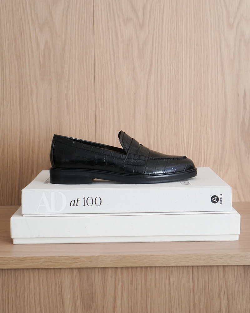 Black Flattered Sara Croco Leather Shoes Loafers | AUJKU40874