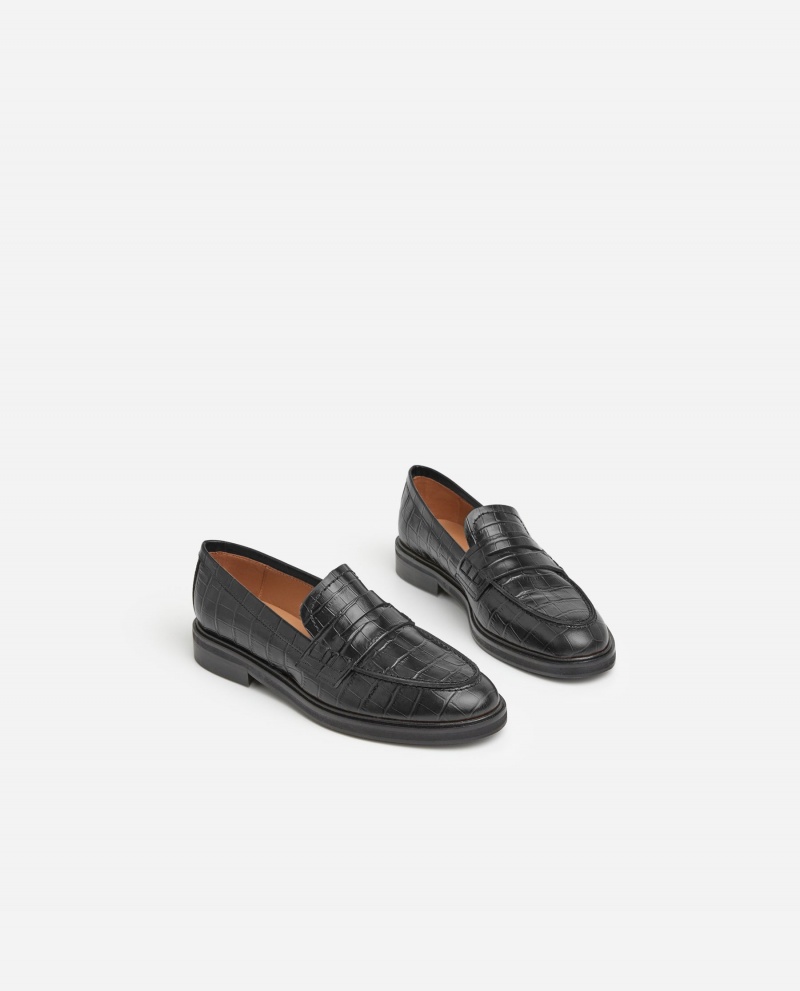 Black Flattered Sara Croco Leather Shoes Loafers | AUJKU40874