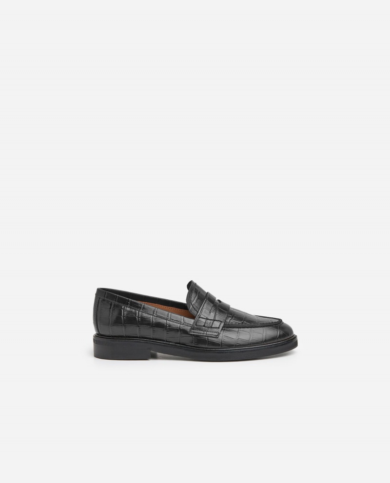 Black Flattered Sara Croco Leather Shoes Loafers | AUJKU40874