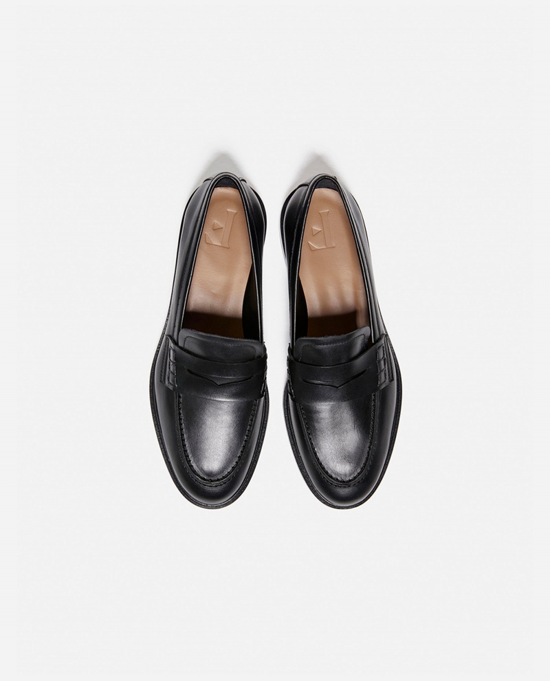 Black Flattered Sara Leather Shoes Loafers | ZAUNQ76650