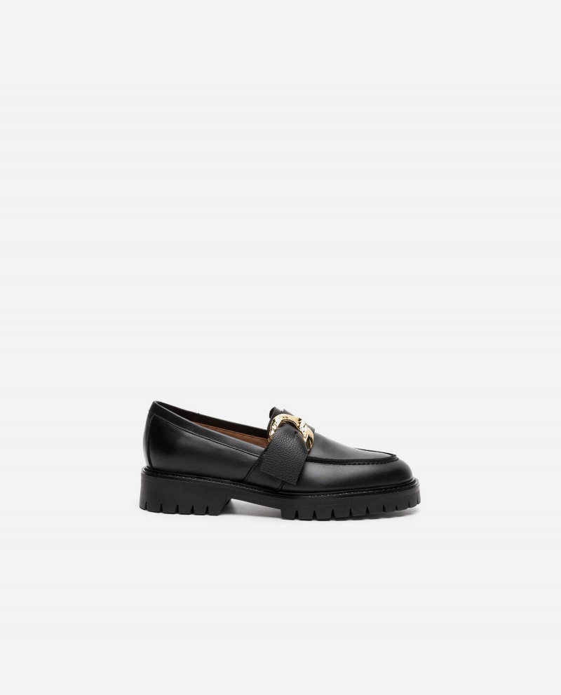 Black Flattered Stella Leather Shoes Loafers | GAUEC39021